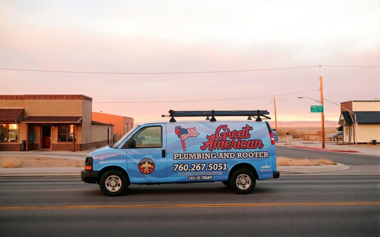 Great American Plumbing and Rooter service van parked on a Wyoming street at sunset